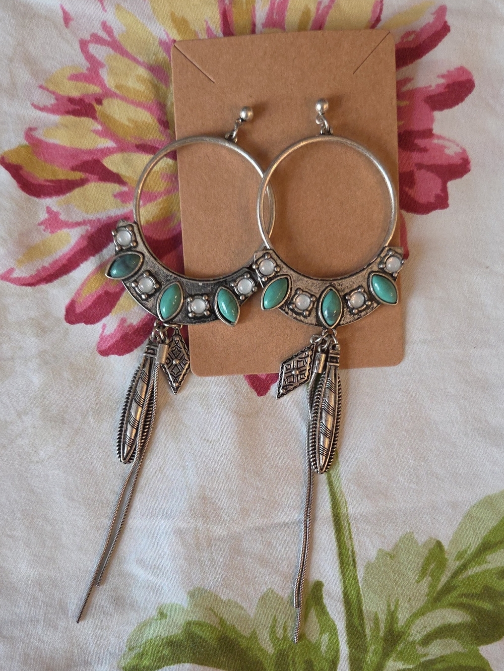 Turquoise Accent Silver Hoop Feather Dangle Earrings - Women Jewelry